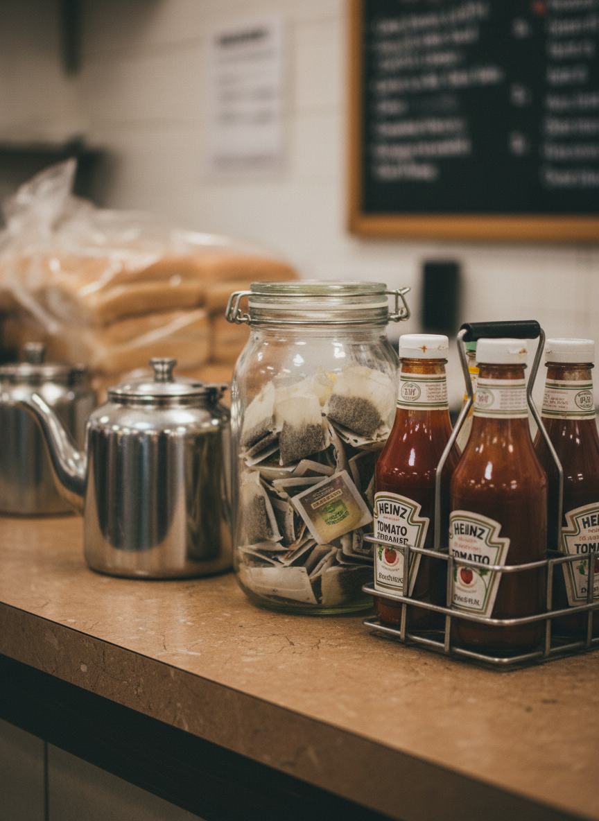 A close-up of a traditional British cafe countertop displaying an elegant still life of working caff essentials: a tall, slightly clouded glass jar brimming with wrapped teabags, a heavy stainless steel teapot with faint heat marks, and a metal caddy of red and brown sauce bottles, each with worn labels. The counter is laminated wood with tiny scratches that catch the light. Overhead fluorescent tubes cast soft, even illumination, creating gentle reflections along the metal surfaces and a subtle sheen on the sauce. Background elements—stacked bread loaves in plastic, a glimpse of a menu board—are softly blurred. Photographic realism with a sophisticated, documentary feel, shot from a slightly elevated angle, evoking quiet appreciation for the humble tools of British cafe life.