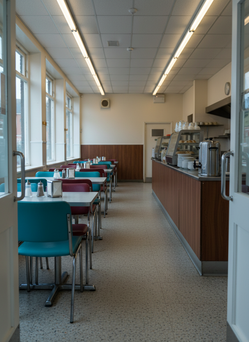 An empty, impeccably clean British cafe interior captured from the entrance, showcasing a row of polished chrome-legged tables with matching vinyl-covered chairs in faded teal and maroon. Each table holds a neatly folded paper napkin holder, glass salt and pepper shakers, and a plastic-lidded sugar pourer. The long counter at the far side, clad in wood-effect laminate, reveals a gleaming stainless steel tea urn, stacked white plates, and a glass-fronted pie warmer. Cool, diffused daylight seeps through large front windows, complemented by warm fluorescent tubes, creating balanced, honest lighting. The composition uses strong leading lines guiding the eye down the aisle, with sharp focus throughout. The atmosphere is dignified yet unpretentious, rendered in clean photographic realism to honour the everyday architecture of the British caff.