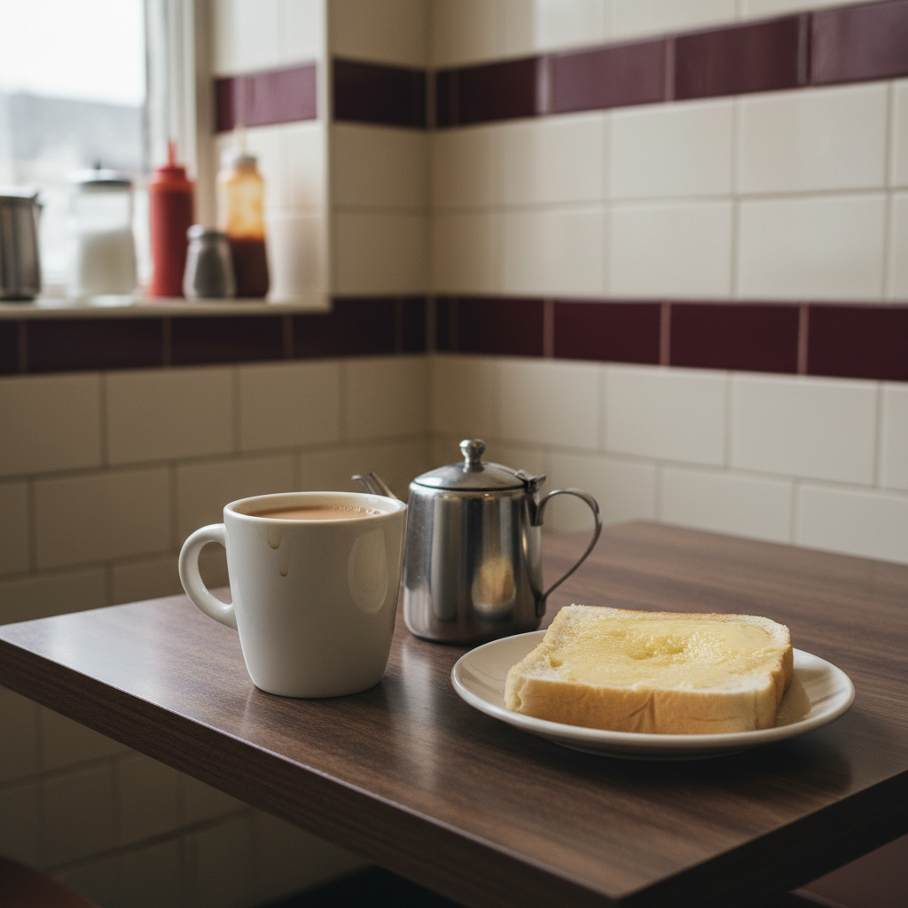 A classic British cafe corner table set for one, featuring a stout white ceramic mug of milky tea with faint tannin rings on the inner rim, beside a small silver-plated teapot and a thick-cut slice of buttered white toast on a side plate. The setting is a dark wood-grain Formica table against a tiled wall of gloss cream rectangles, intersected by a narrow strip of burgundy. Soft morning light filters through a high window, catching the gentle sheen on the tea’s surface and the texture of the toast. Composition follows the rule of thirds, with a shallow depth of field blurring distant condiment bottles. The mood is contemplative and quietly refined, rendered in photographic realism with subdued, authentic colours.